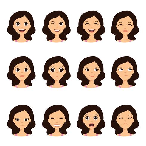 Girl emotion faces cartoon vector illustration.