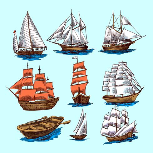 Conjunto de croquis de barcos y embarcaciones. vector
