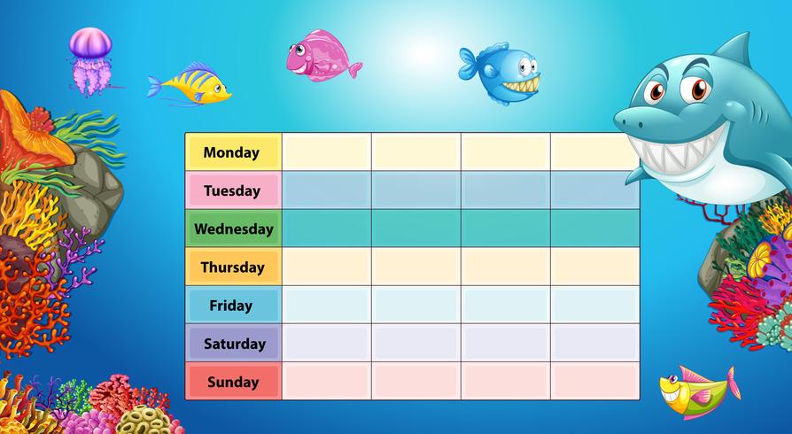 Days of the week table with underwater background vector