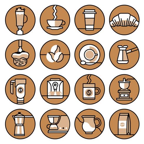 Coffee icons brown line set vector