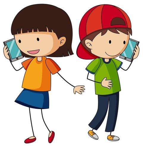 Niño y niña, hablar celular vector