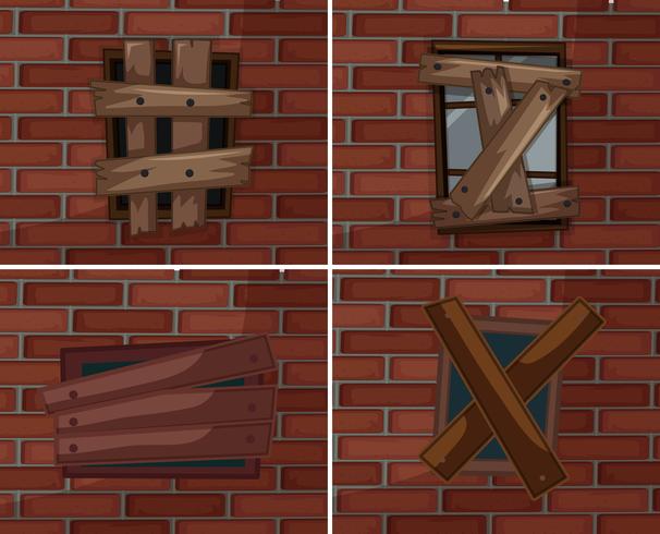 Broken windows on brickwall vector