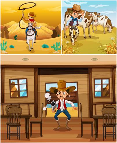 Escenas de vaquero con vaqueros en diferentes acciones. vector