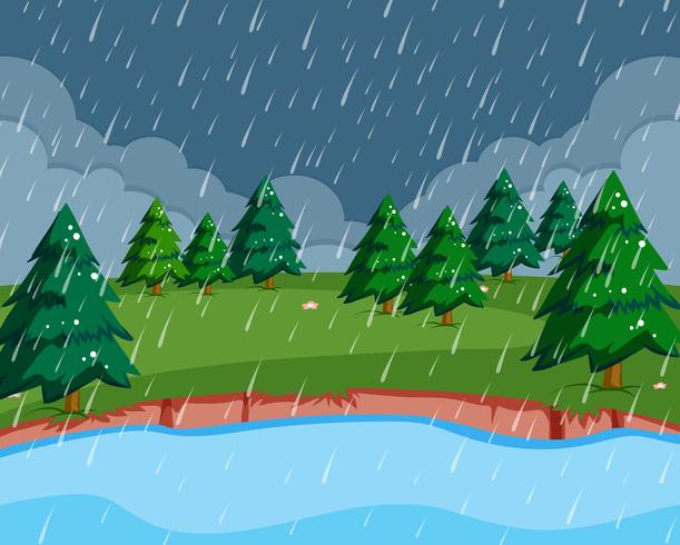 Una escena lloviendo en la naturaleza. vector