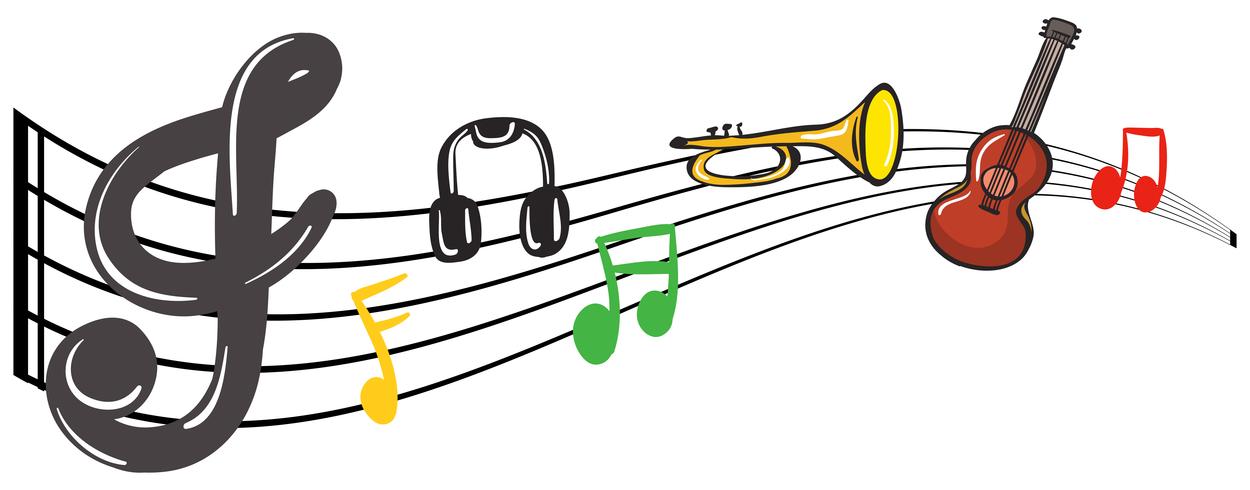 Musical instruments with music notes in background vector