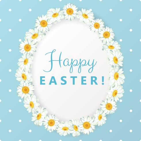 Happy easter card. Chamomile egg shape frame on blue polka dot background vector