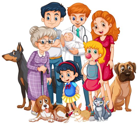 Familia con bebé recién nacido y muchas mascotas. vector