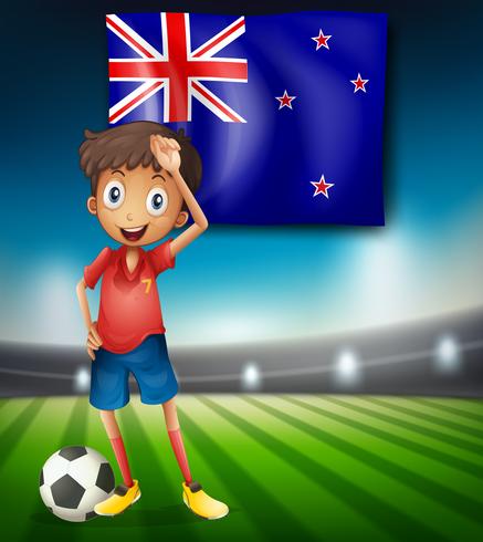 Bandera de Nueva Zelanda con jugador de fútbol masculino vector
