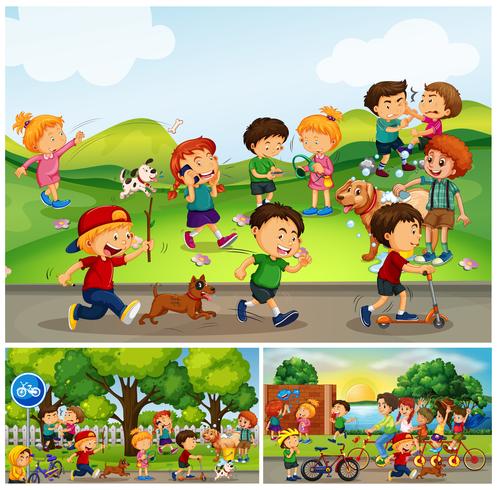 Many children doing things in park vector