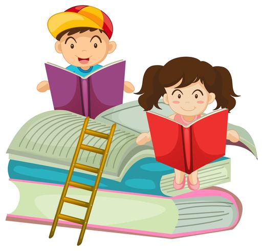 Niño y niña leyendo libro juntos vector