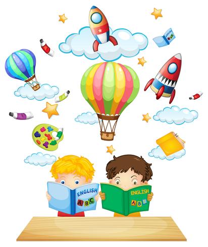 Two kids reading english books vector