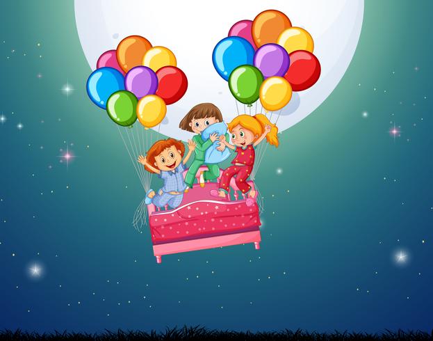 Tres chicas en la cama volando con globos vector