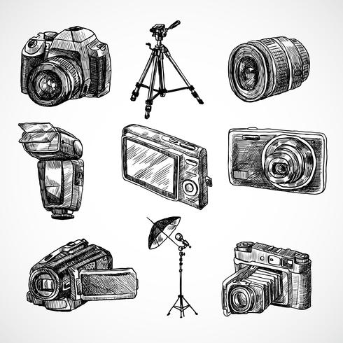 Camera sketch icons set vector