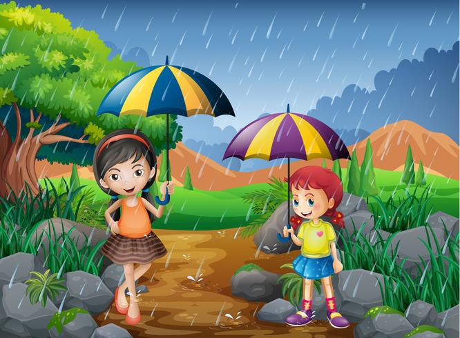 Temporada de lluvias con dos niñas en el parque. vector