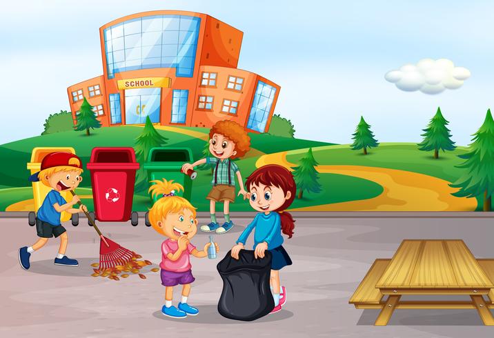 Student cleaning school area vector