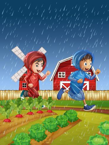 Dos niños corriendo bajo la lluvia vector