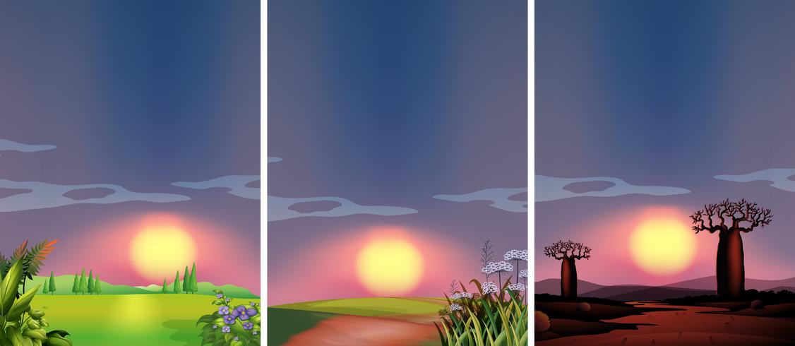 Escenas de fondo con puesta de sol en diferentes lugares. vector