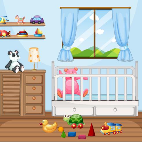 Escena de dormitorio con cuna y muchos juguetes. vector