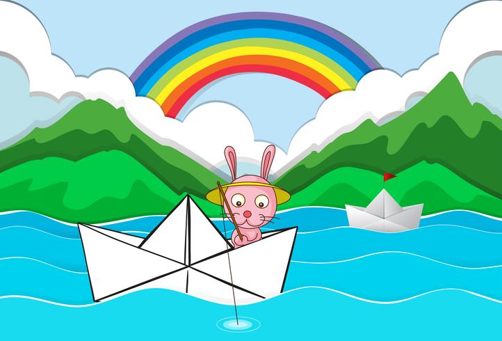 Barco de origami con pesca de conejos. vector