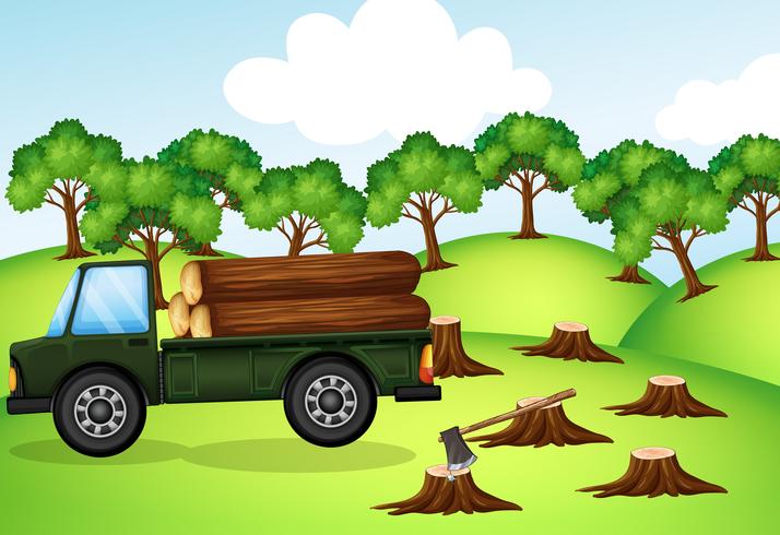 Deforestation scene with truck loaded with logs vector