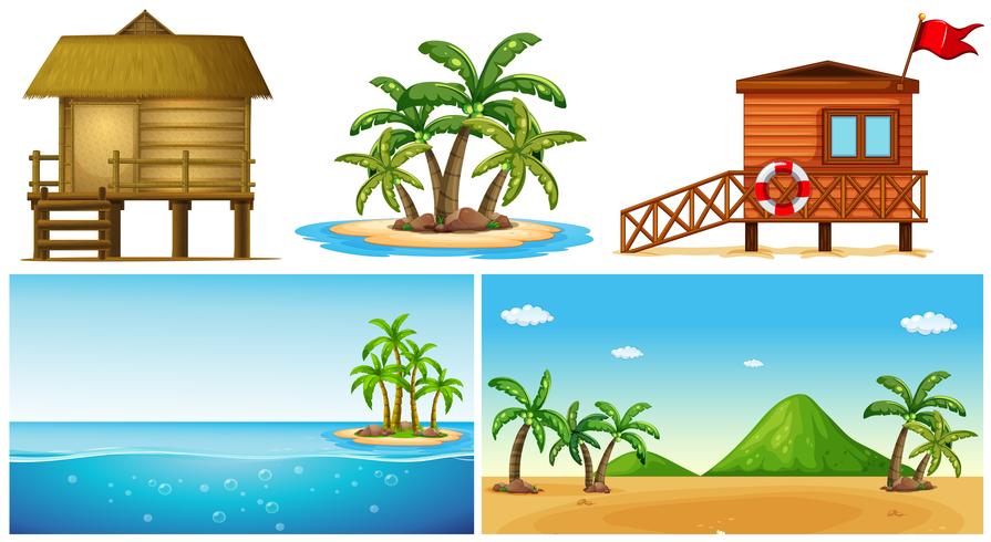 Ocean scenes with island and lifeguard house vector