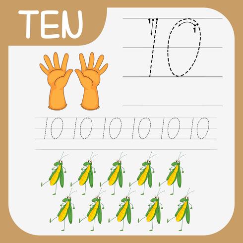 Number ten tracing worksheets vector