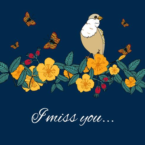 Vintage flowers background with bird vector