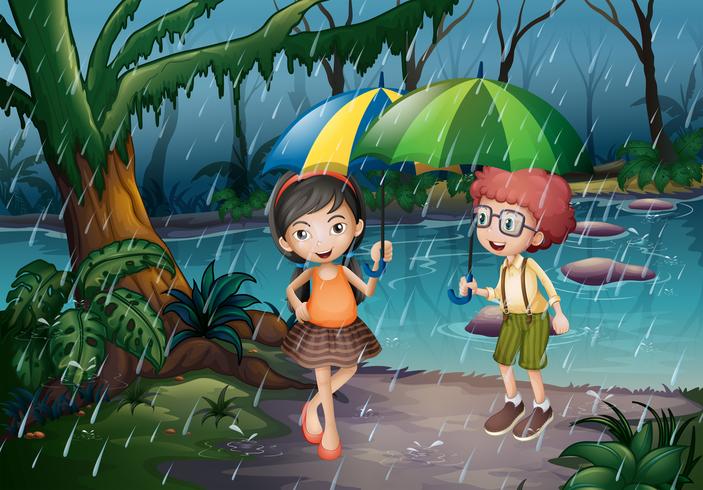 Niño y niña estar en la lluvia vector