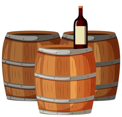 Wine bottle on wooden barrels vector