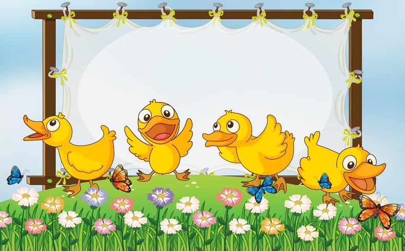 Plantilla de tablero con cuatro patos en jardín vector