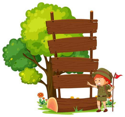 Camping boy with empty wooden sign post vector