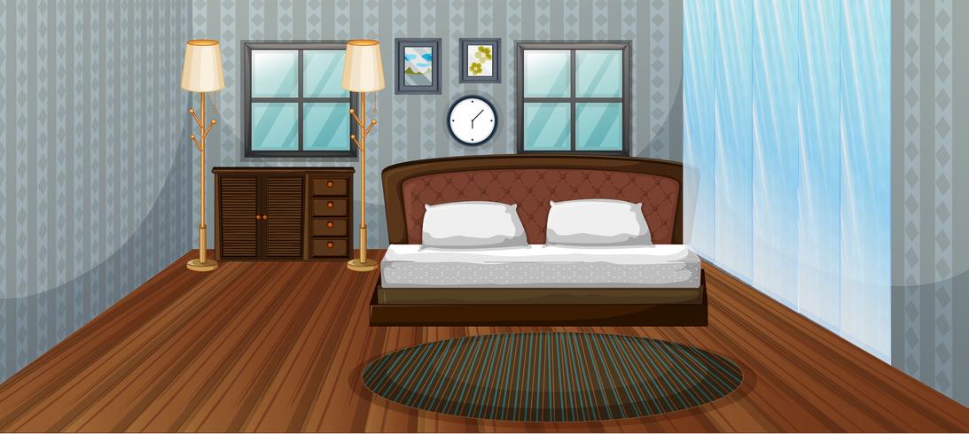 Escena dormitorio con cama de madera. vector