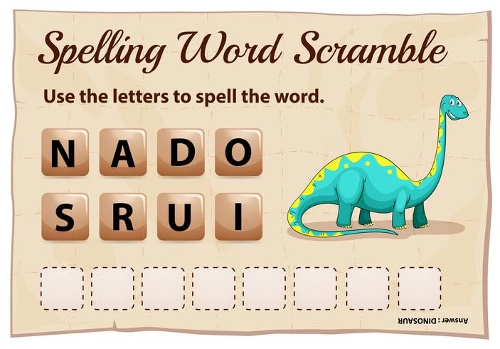 Juego de deletrear palabras scrable con dinosaurio de palabras vector