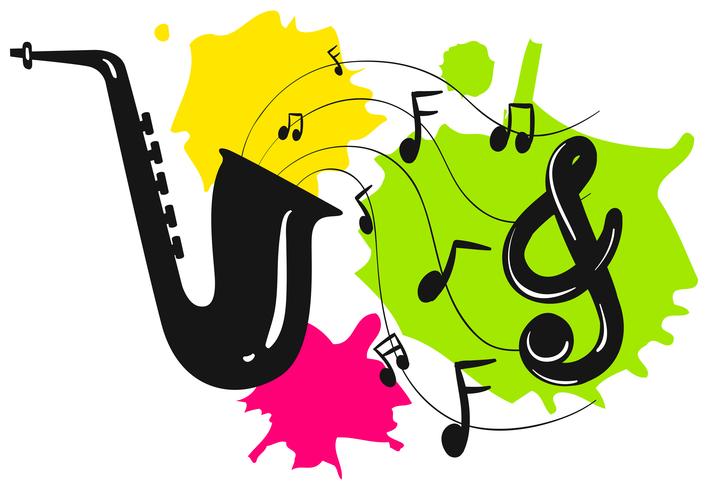 Silueta de saxofon con notas musicales. vector