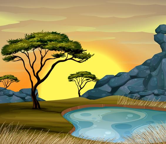 Scene with pond in the field vector