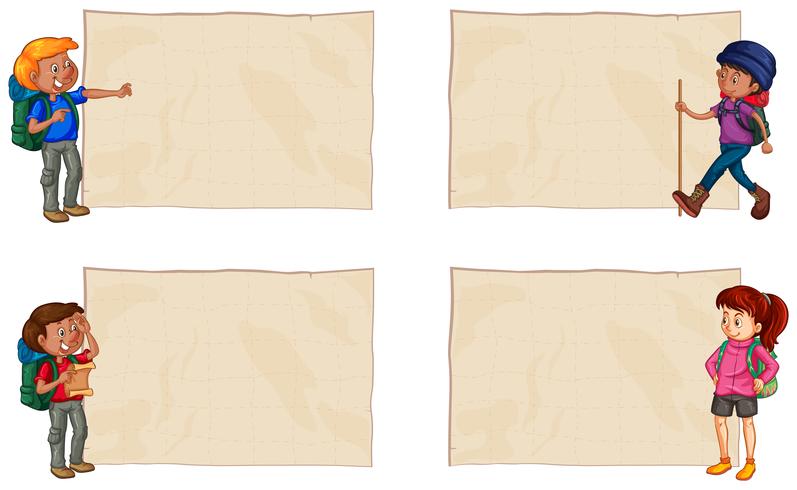 Four papers with happy hikers vector