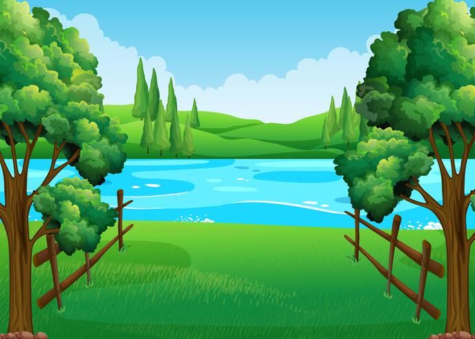 Escena con lago y campo vector