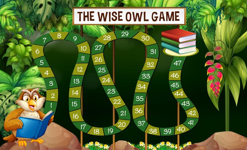 Game template with owl reading book in jungle vector