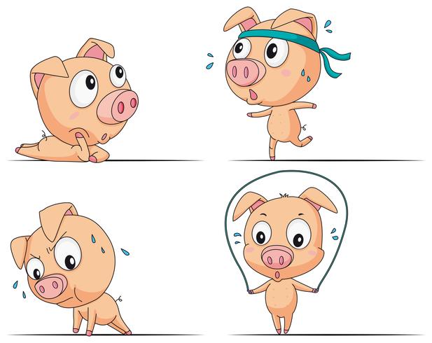 Cerdito haciendo diferentes ejercicios. vector