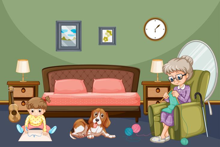 Abuela con niño y perro en habitación. vector