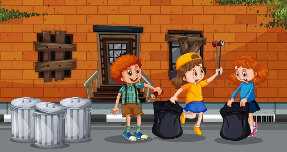 Kids Collect Trash in City vector