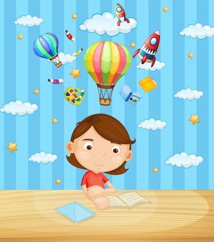 Little girl reading book on table vector