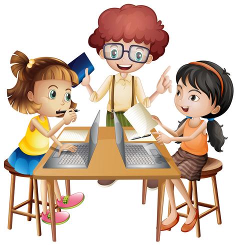 Three kids working in group on the table vector