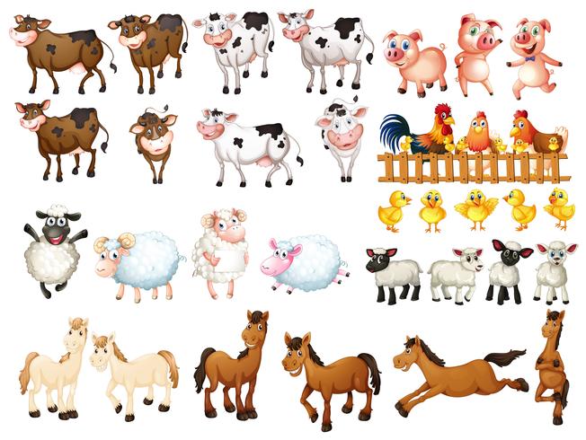 Muchos tipos de animales de granja. vector