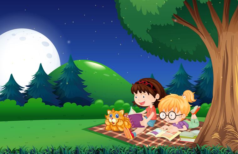 Chicas leyendo un libro en el jardín por la noche vector