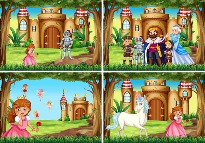 Four background scene with princess and knight by the palace vector