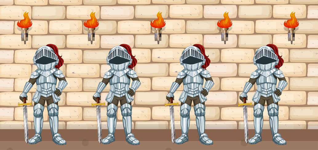 Four knights standing by castle wall vector