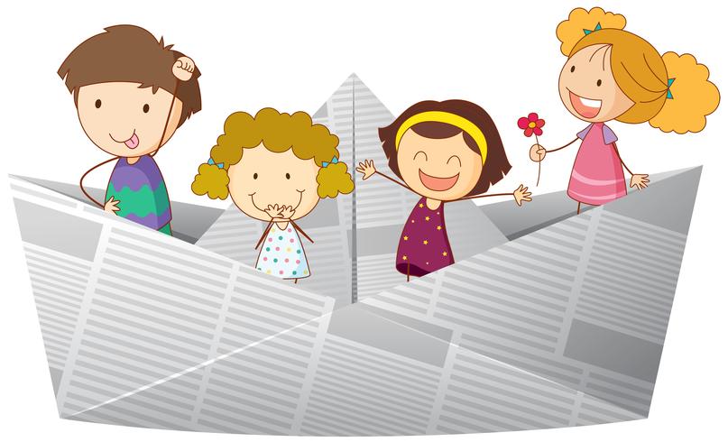 Happy kids riding on paper boat vector