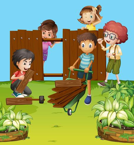 Niños arreglando la cerca en el jardín. vector