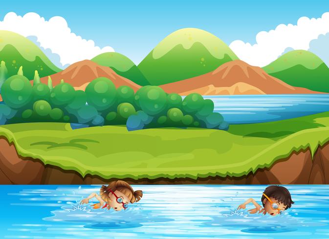 Boy and girl swimming in nature vector